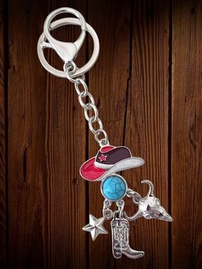 Western Bag Charm / Keychain with Maroon Hat & Turquoise Stone